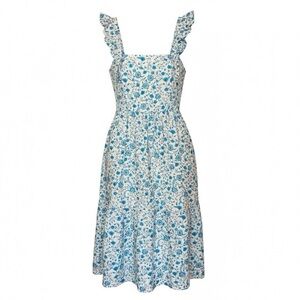 Draper James Blue Floral Midi Dress Cotton Smocked Back Ruffle Straps Size L